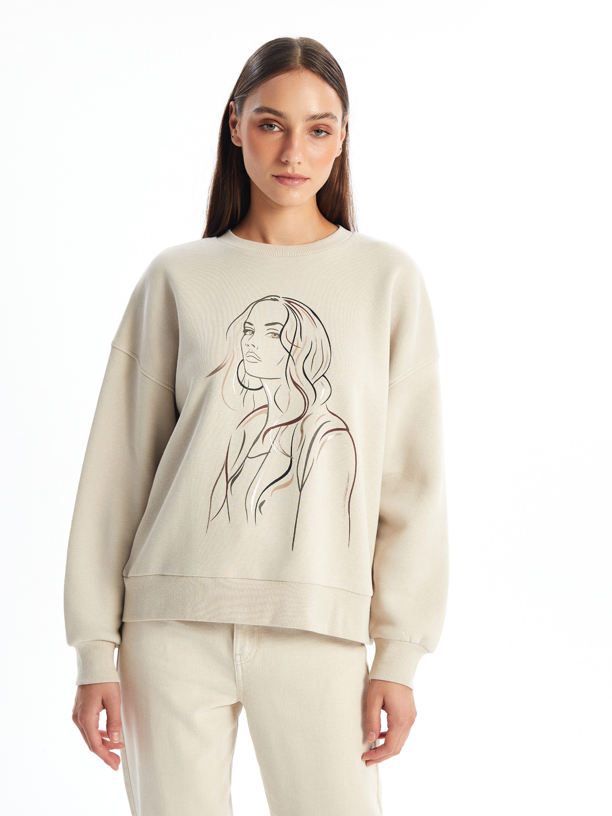 Printli trikotaj sweatshirt — bej