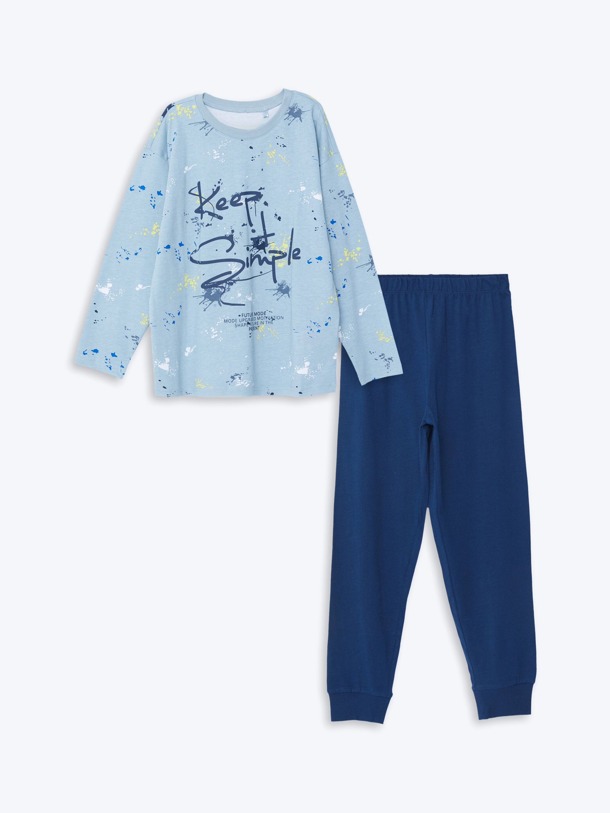 Trikotaj pijama uzunqol — mavi printli