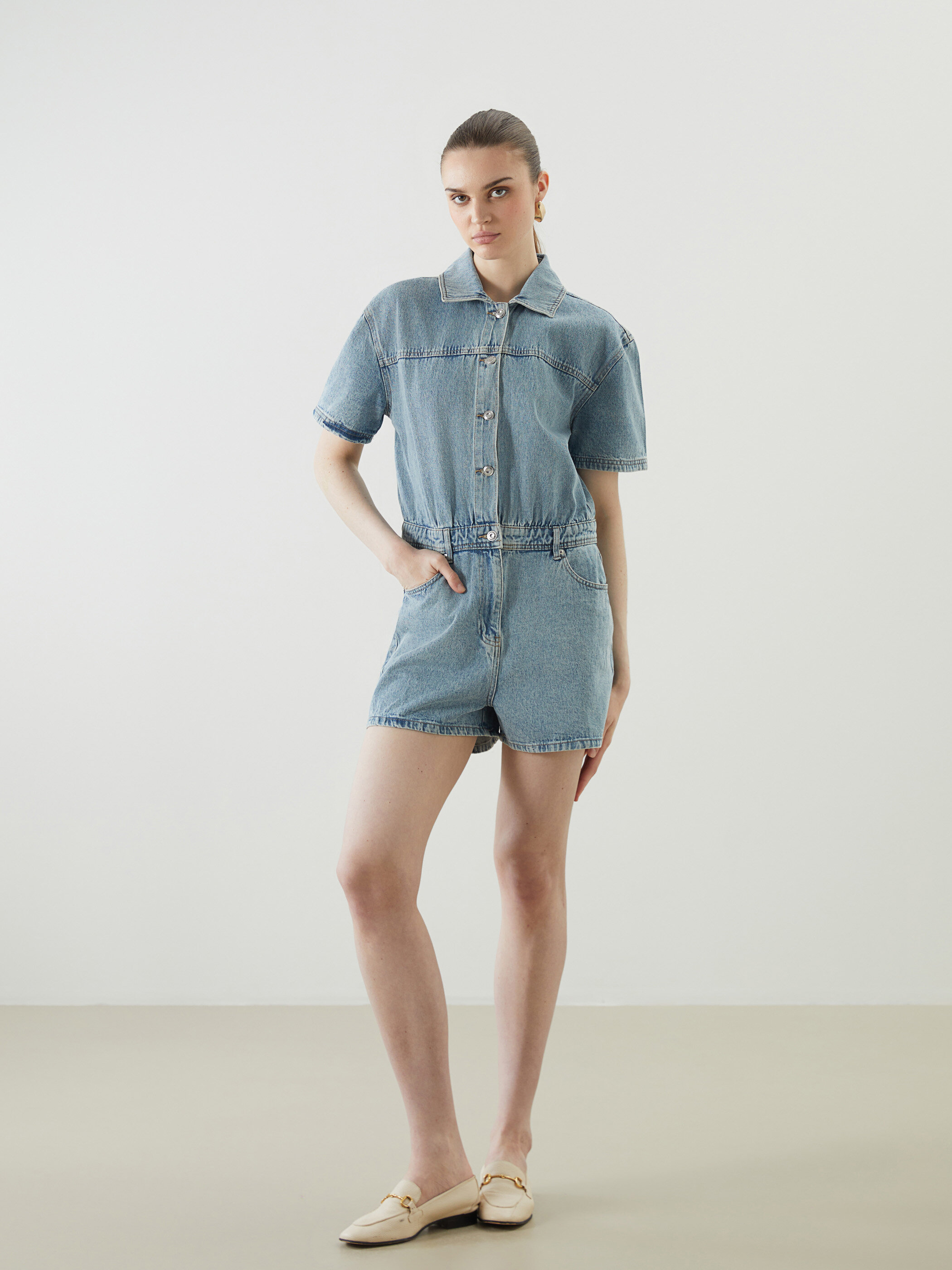 Denim tulum — açıq indigo