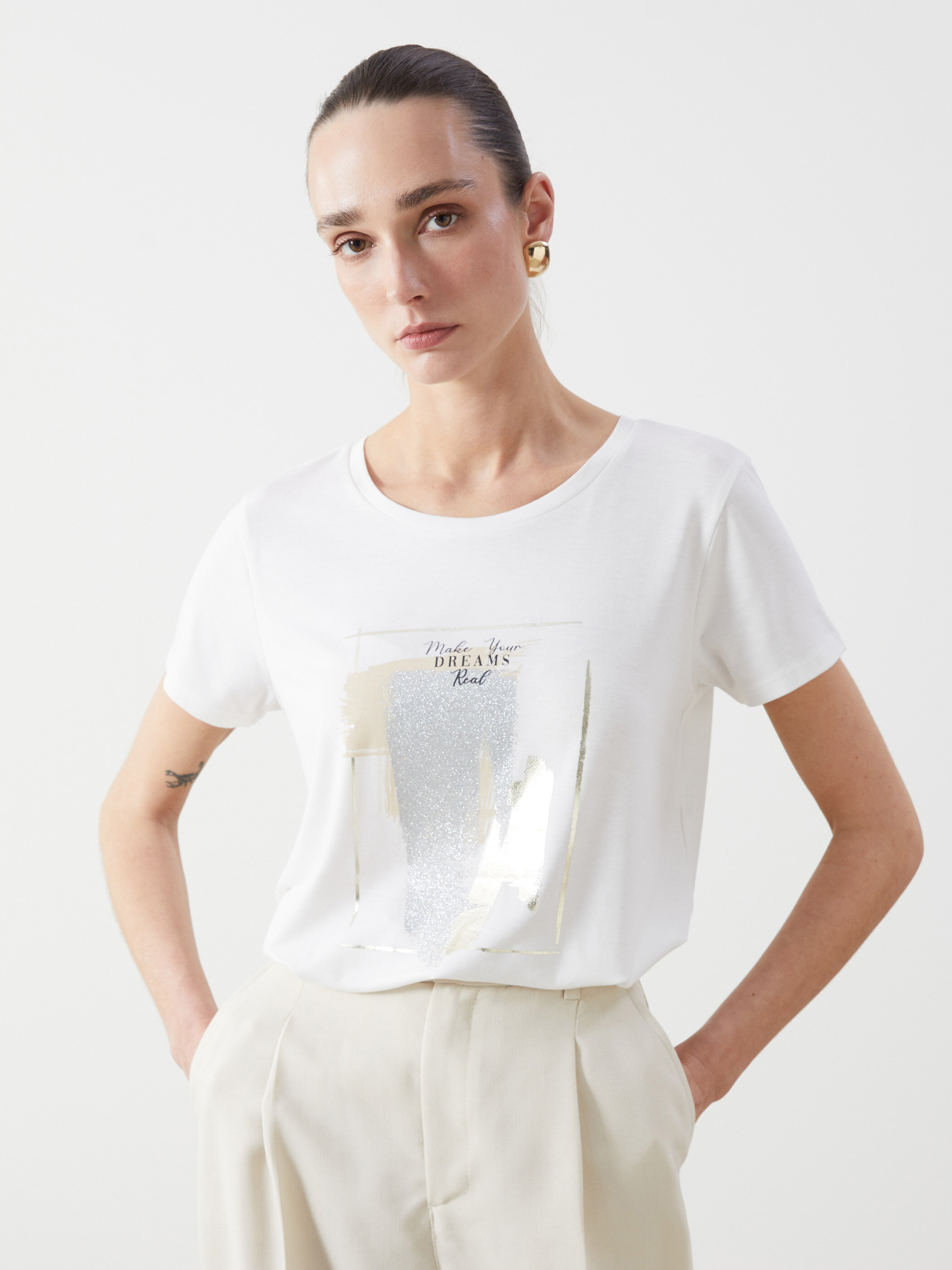 Printli trikotaj bodi qısaqol — ekru