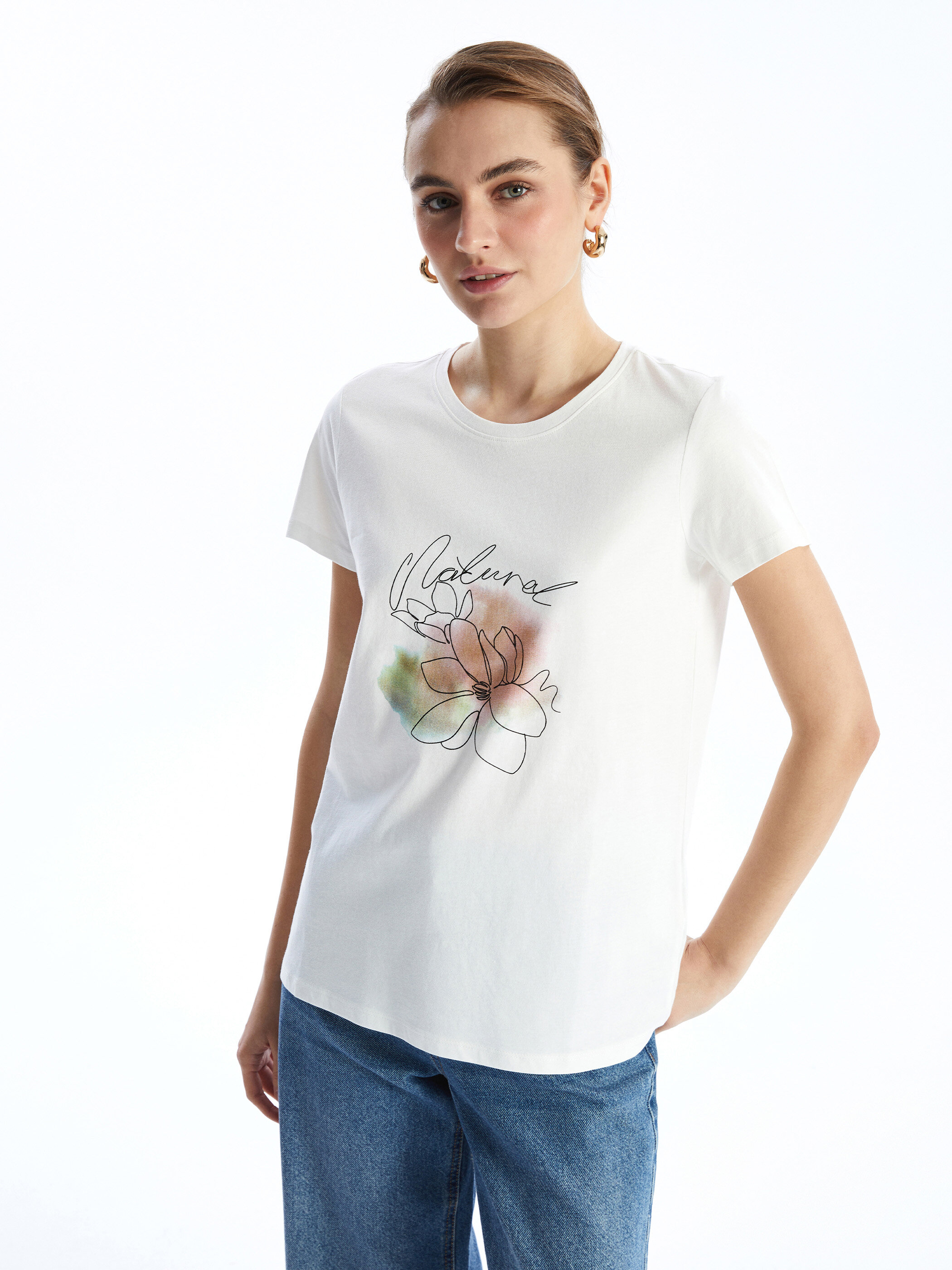 Printli trikotaj bodi qısaqol — ekru