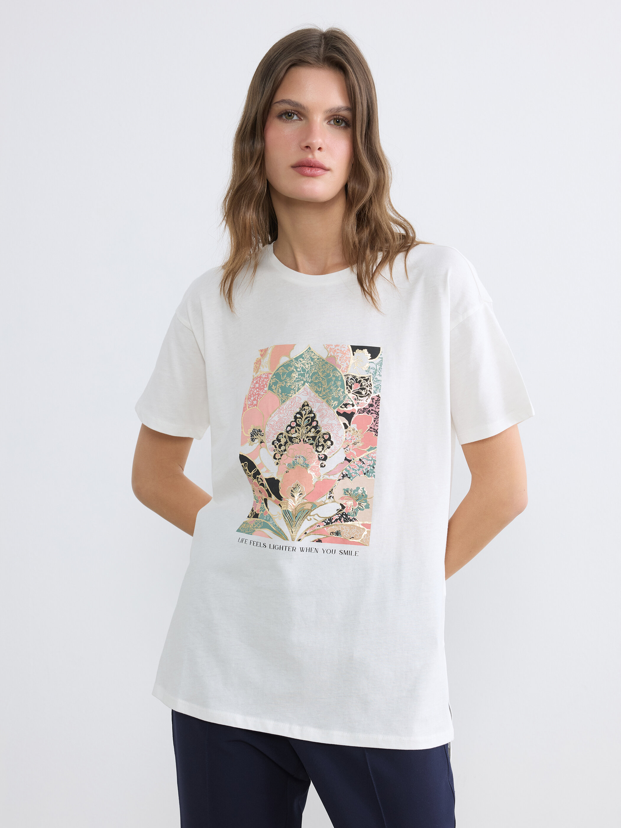 Printli trikotaj bodi qısaqol — ekru